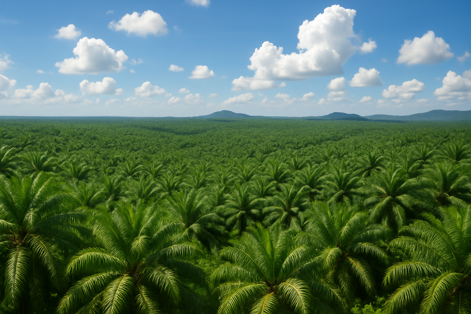 From a distance the lush oil palm plantation stretches across the landscape its vibrant green fronds swaying gently in the warm breeze The rich foliage creates a striking contrast against the backdrop of a brilliant blue sky where fluffy white clouds