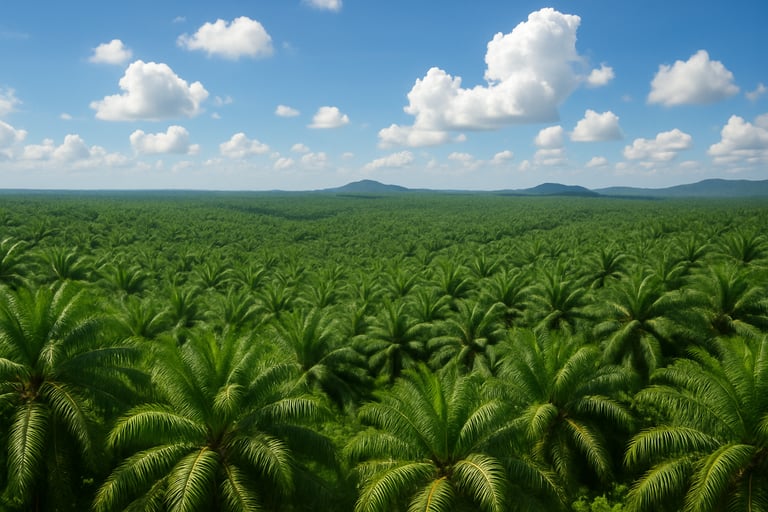 From a distance the lush oil palm plantation stretches across the landscape its vibrant green fronds swaying gently in the warm breeze The rich foliage creates a striking contrast against the backdrop of a brilliant blue sky where fluffy white clouds