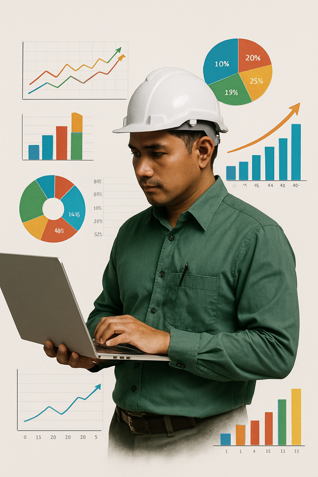 The illustration features a composite design that showcases a cutout of a typical oil palm estate manager depicted in a semiside profile as he intently observes the screen of a laptop His expression conveys focus and professionalism dressed in smart