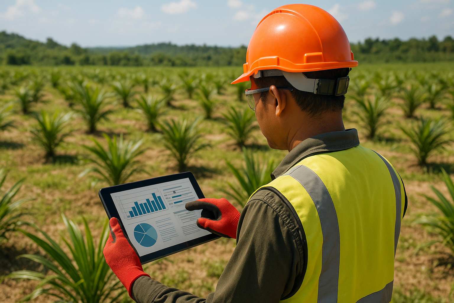 an image of a typical oil palm worker wearing necessary PPE no earmuffs or mask operating a tablet in landscape showing charts and reports the worker is facing away at an angle the background is young oil palm plantation on a sunny day the palms are